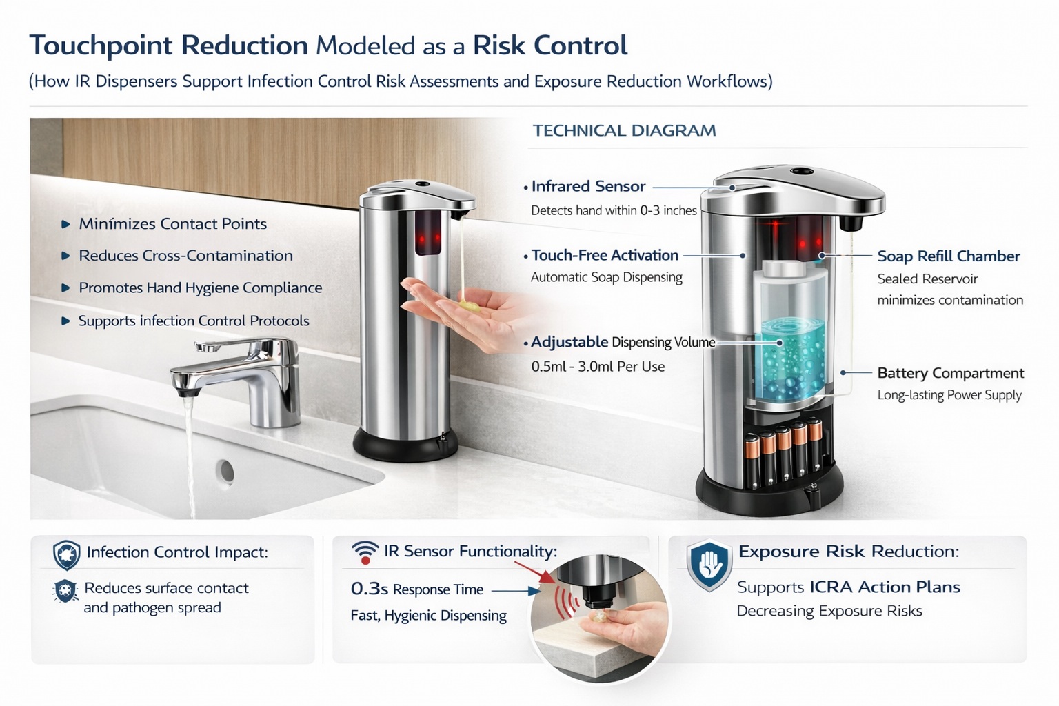 Infrared sensor soap dispenser installed near a commercial sink