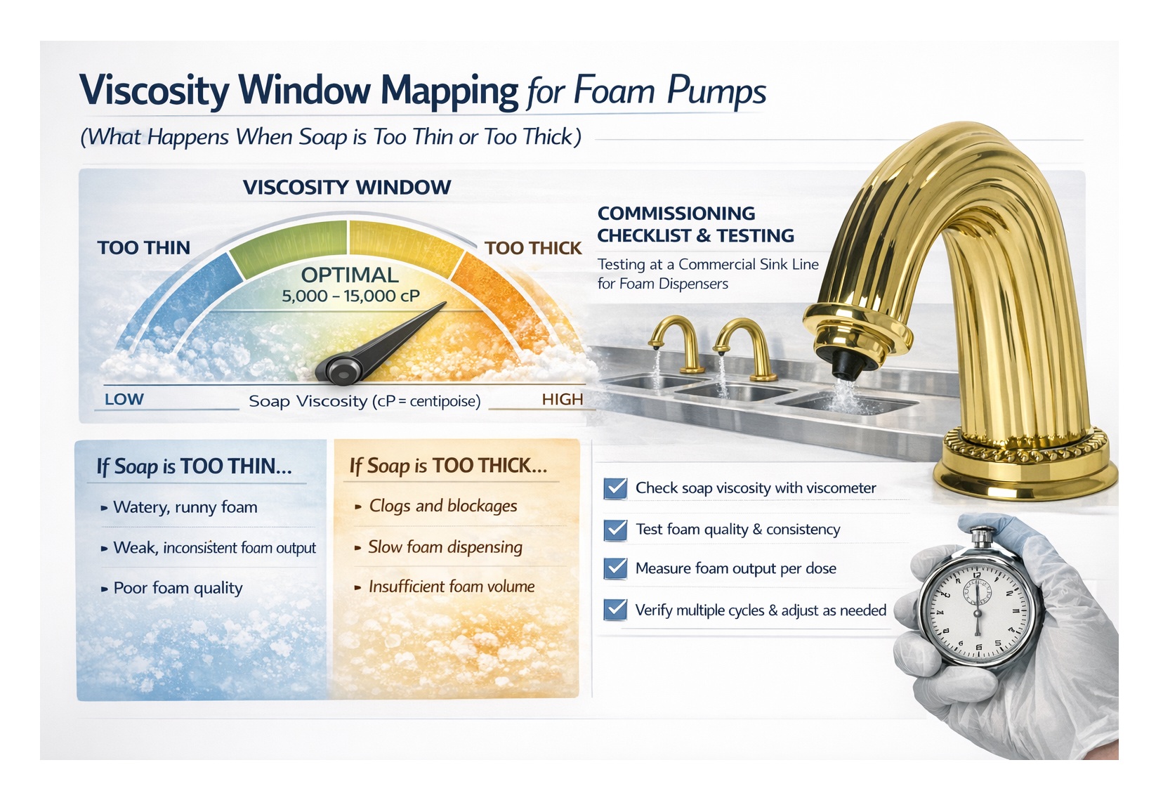 Commissioning checklist and testing at a commercial sink line for foam dispenser performance
