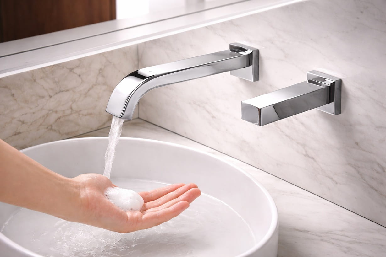Commercial restroom with automatic soap dispenser and coordinated touchless sink fixtures