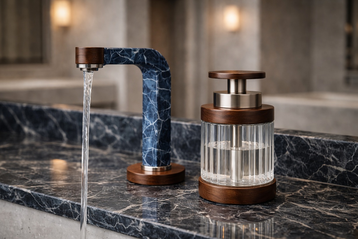 Smart restroom monitoring system showing connected automatic soap dispensers with real-time usage tracking and facility management dashboard