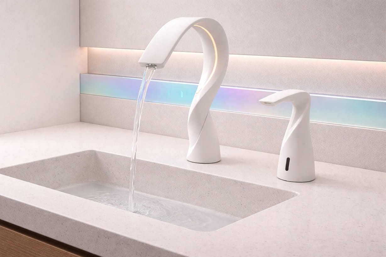 Touchless automatic soap dispenser installed in a commercial restroom showing sensor-based hygiene system and coordinated sink setup