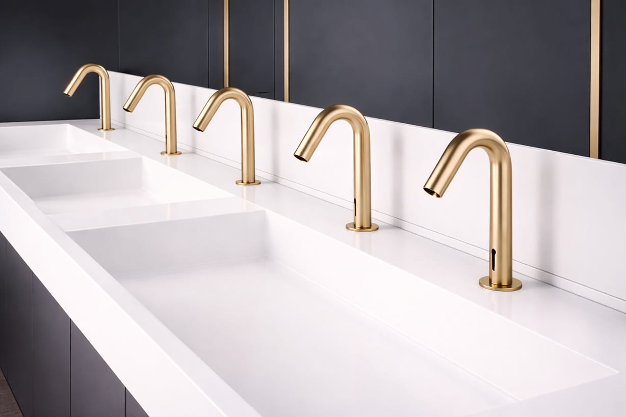 Touchless automatic soap dispenser in commercial restroom improving hygiene and reducing contact points