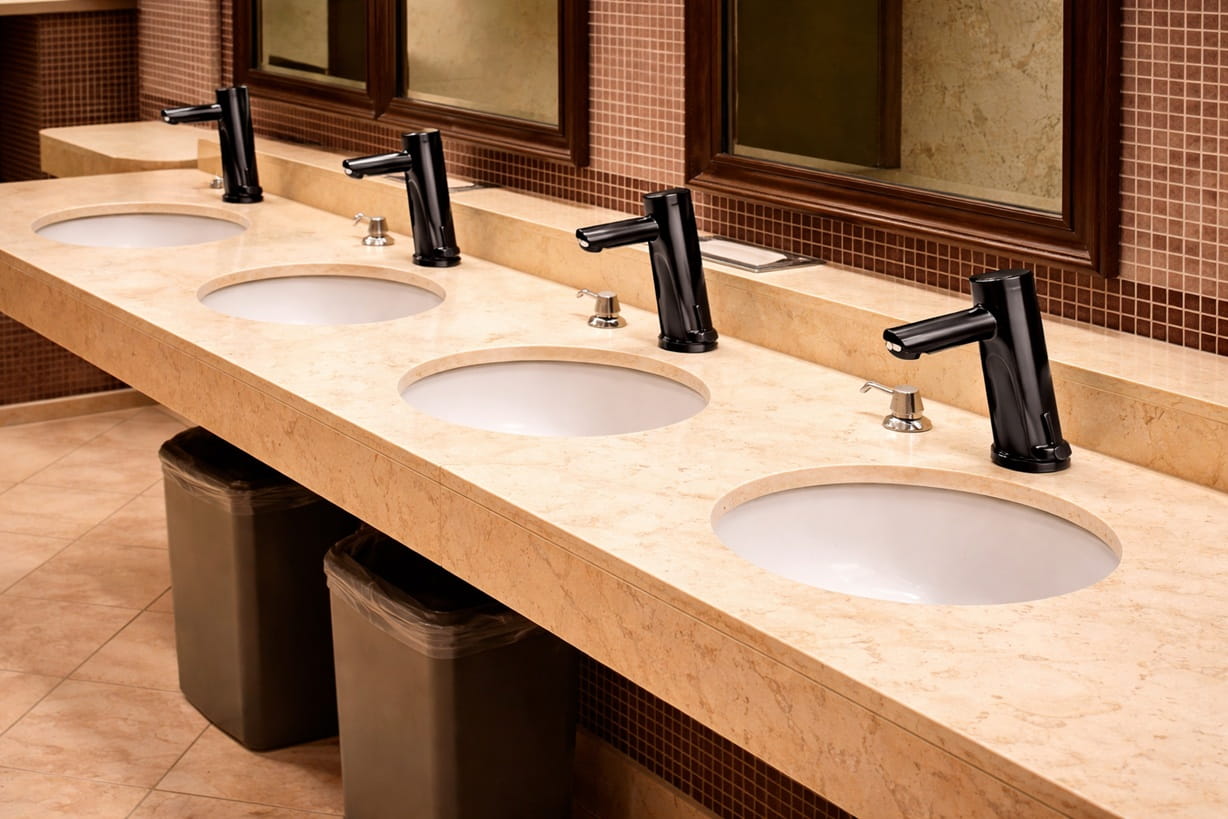 Automatic soap dispenser in a high-traffic public restroom designed for hygiene, efficiency, and touchless operation