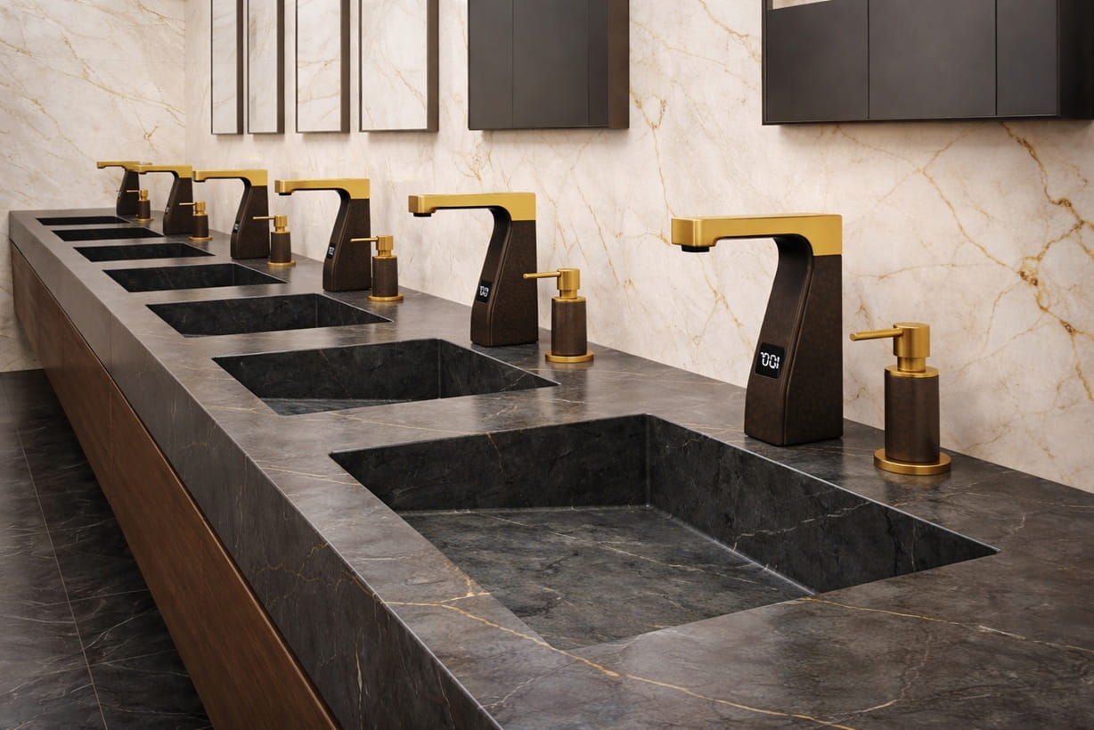 Commercial touchless soap dispenser in a modern restroom designed for healthcare, hospitality, office, and education environments