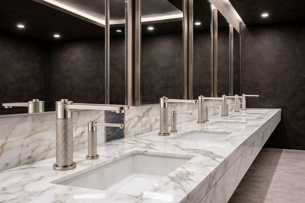 Commercial automatic soap dispenser in a modern restroom designed for high traffic use