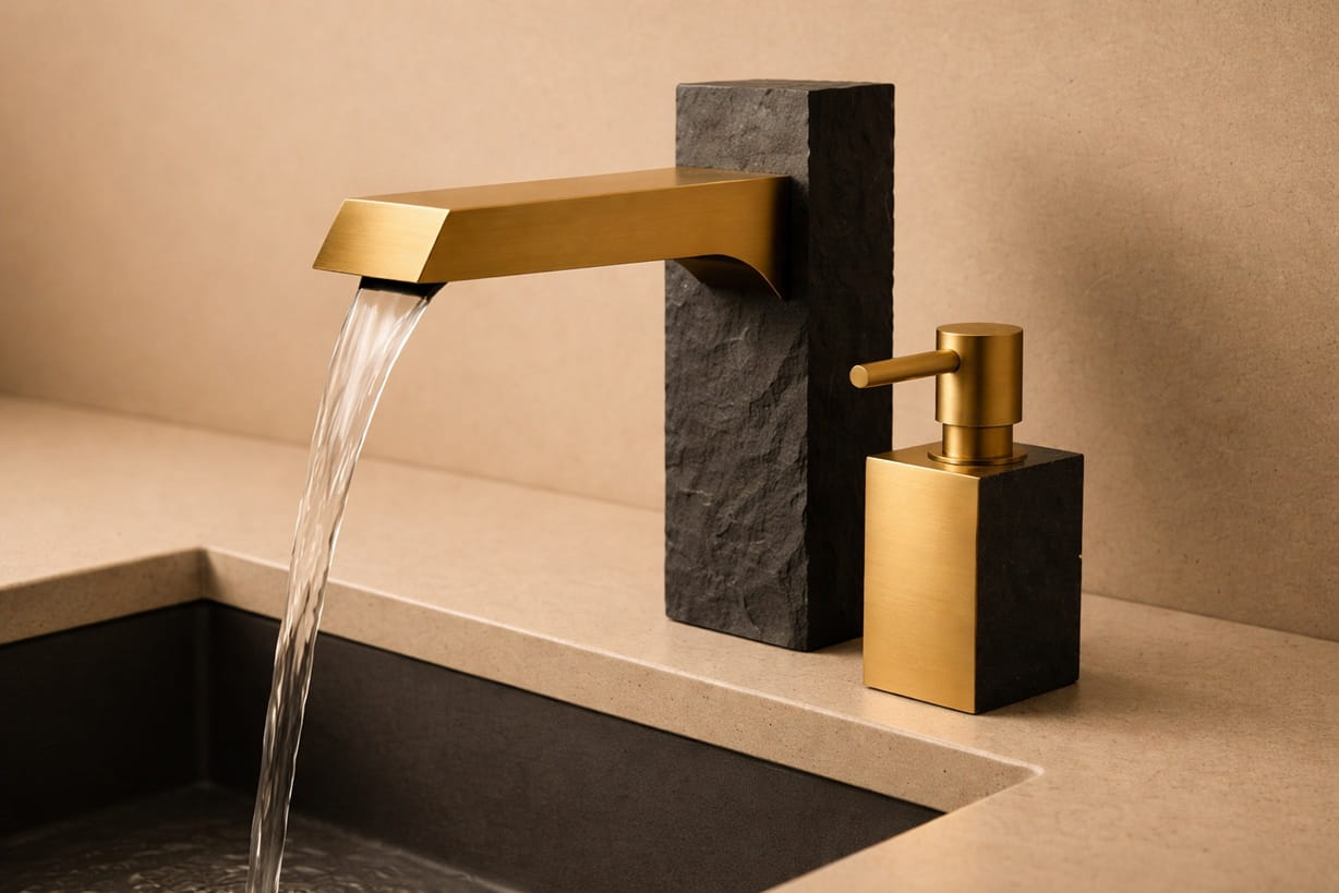 Automatic bathroom faucet and automatic soap dispenser together in a commercial sink system.