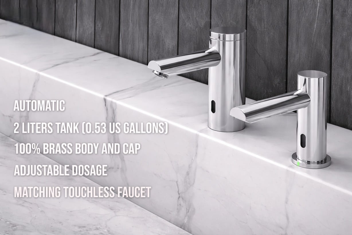 Touchless commercial soap dispenser installed in a modern high-traffic restroom environment improving hygiene and efficiency