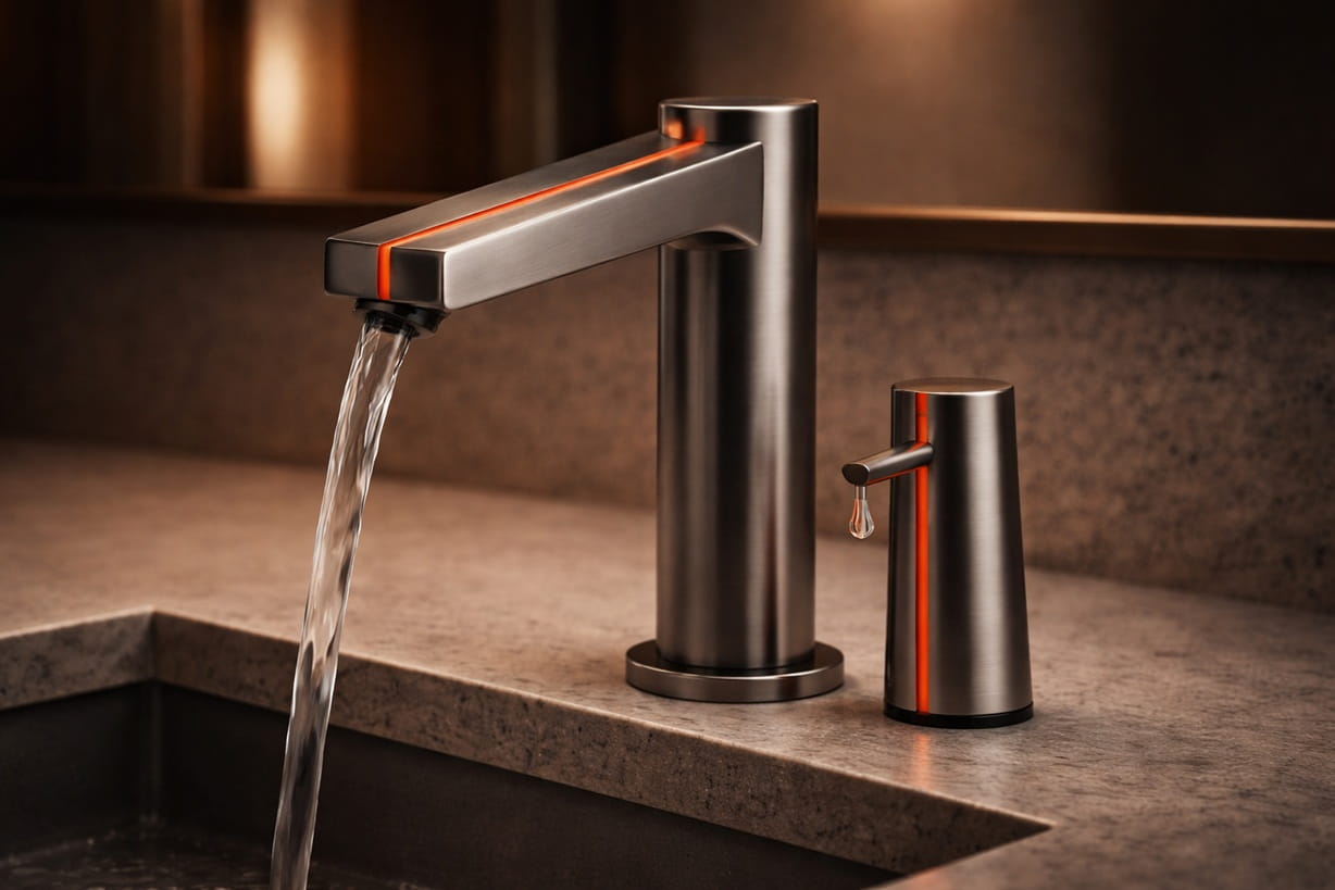 Diagram showing hydraulic distribution and pressure balancing in a multifeed automatic soap dispenser system across multiple sinks