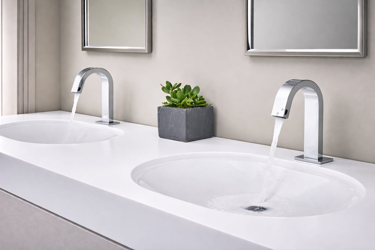 high traffic office building touchless restroom faucets and soap dispensers