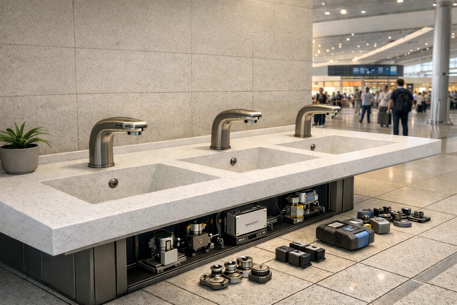 Commercial airport terminal restroom featuring sensor faucets and automatic soap dispensing systems designed for high-traffic facilities