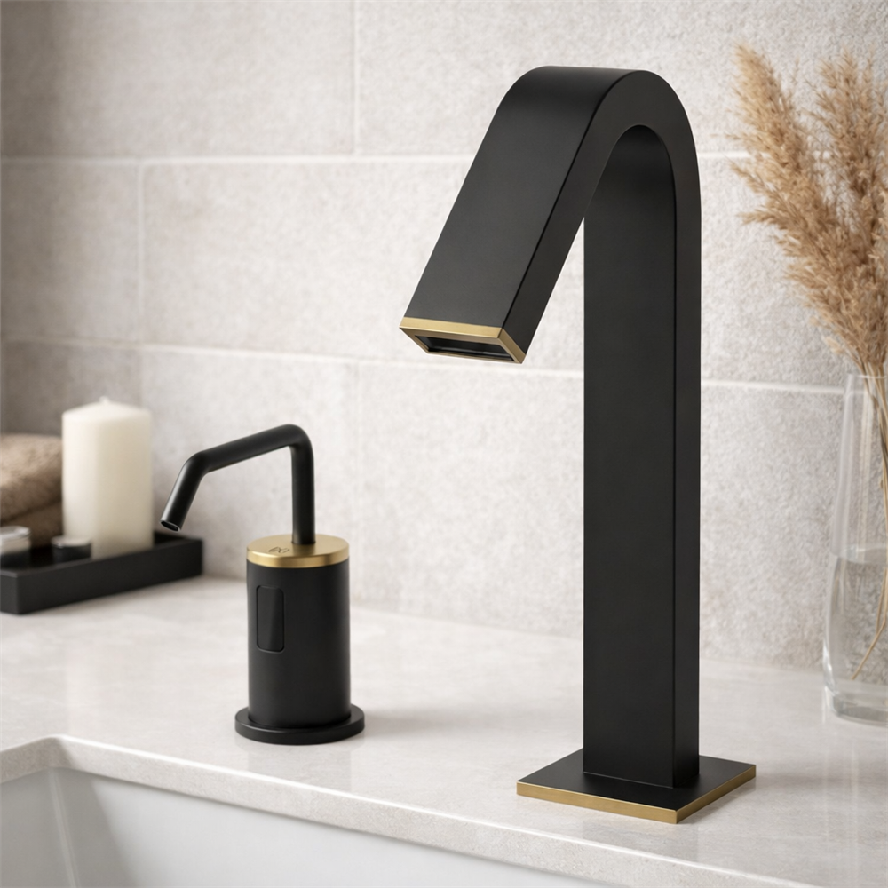 Modern public venue restroom with blue-accent touchless sink stations