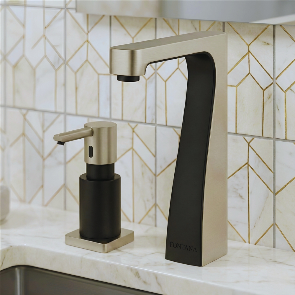Close-up of a commercial touchless faucet sensor window and spout profile in a blue-toned architectural restroom