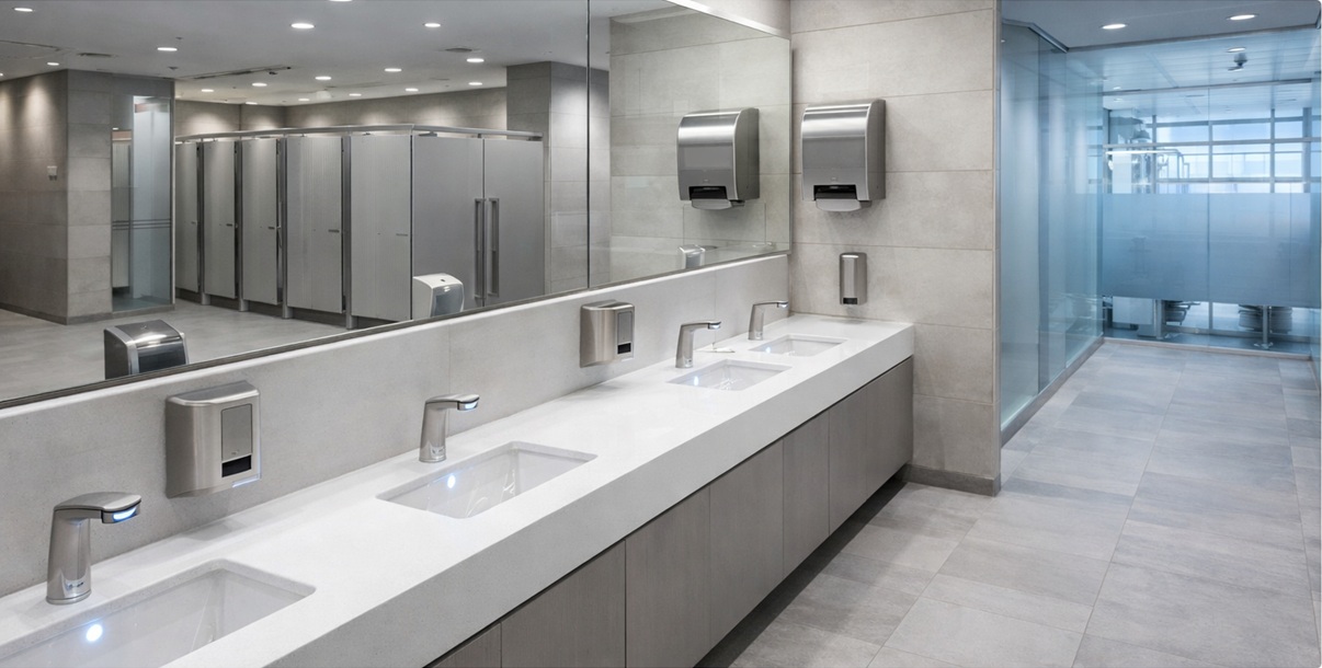 Modern airport terminal restroom featuring integrated touchless sensor faucets and automatic soap dispensing systems for optimal hygiene