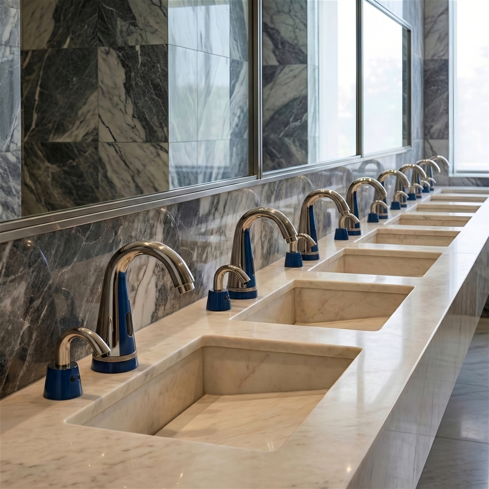 High-traffic public restroom with multiple touchless faucet stations designed for efficient hygiene flow