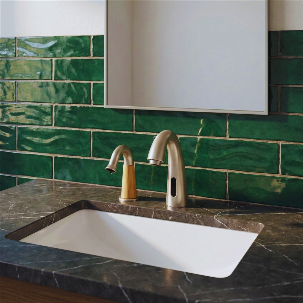 User hands activating a touchless commercial faucet in a modern public restroom sink area