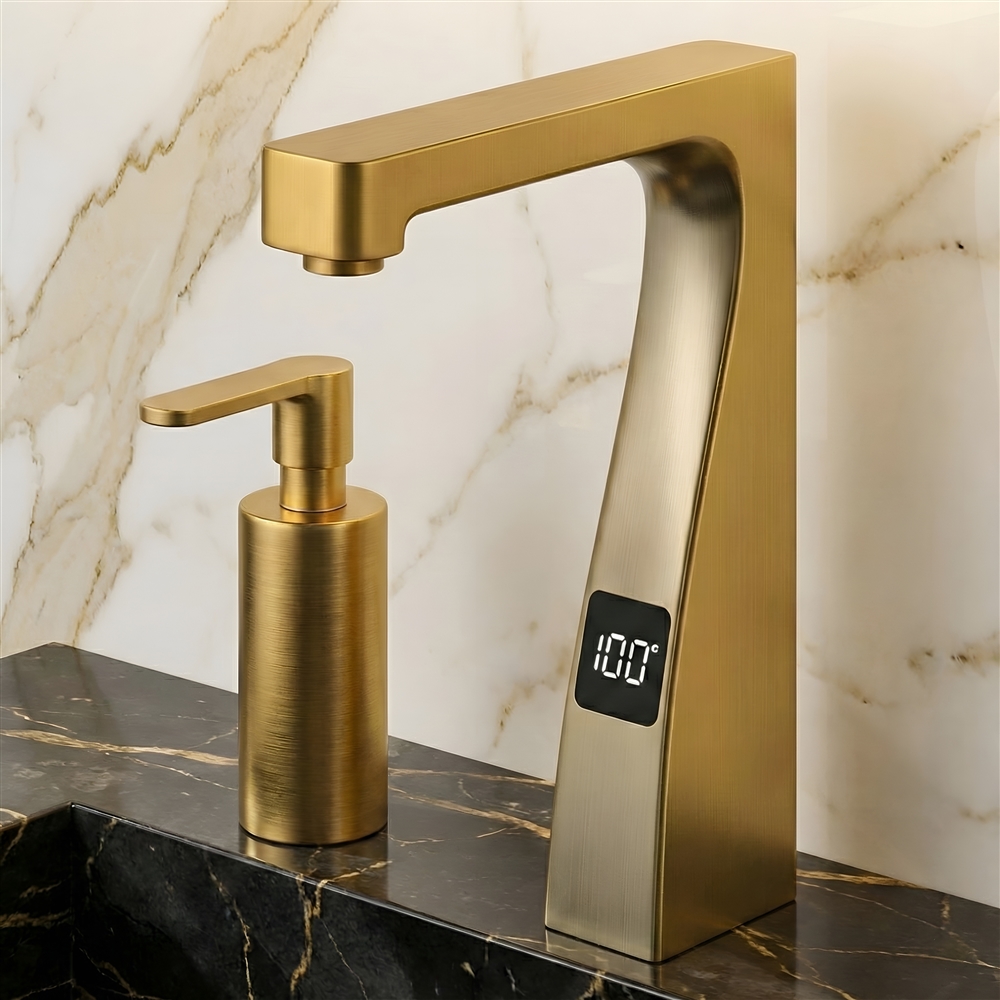 Modern commercial restroom with integrated touchless faucet, soap dispenser, and coordinated sink design