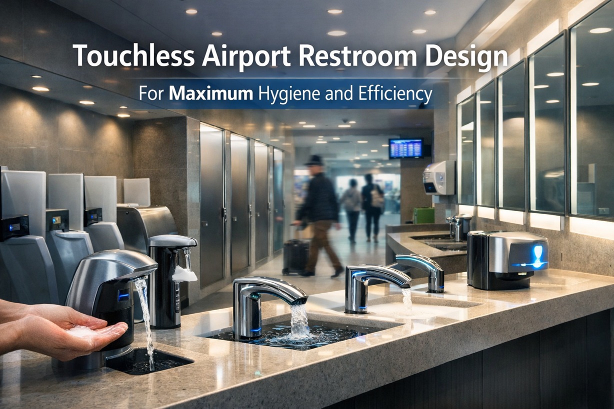 touchless airport restroom design with sensor faucets and automatic soap dispensers