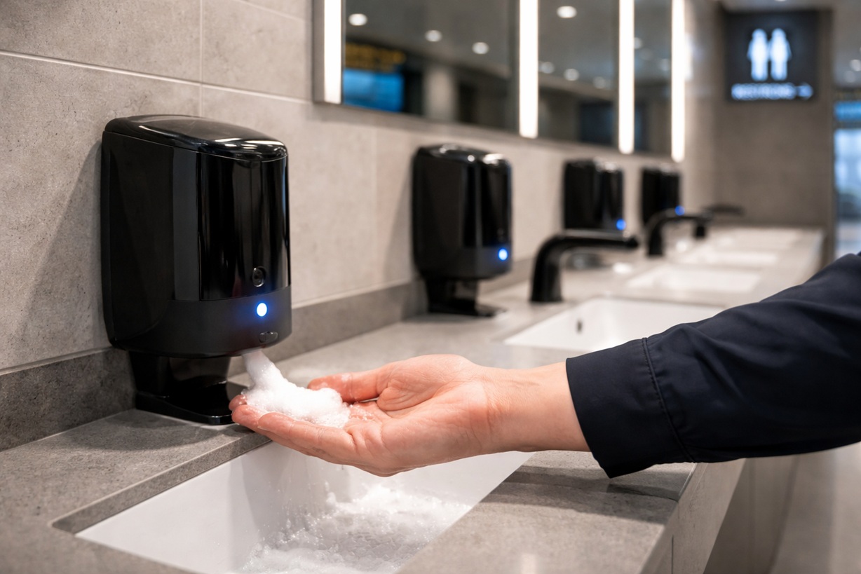 automatic soap dispenser in touchless airport restroom