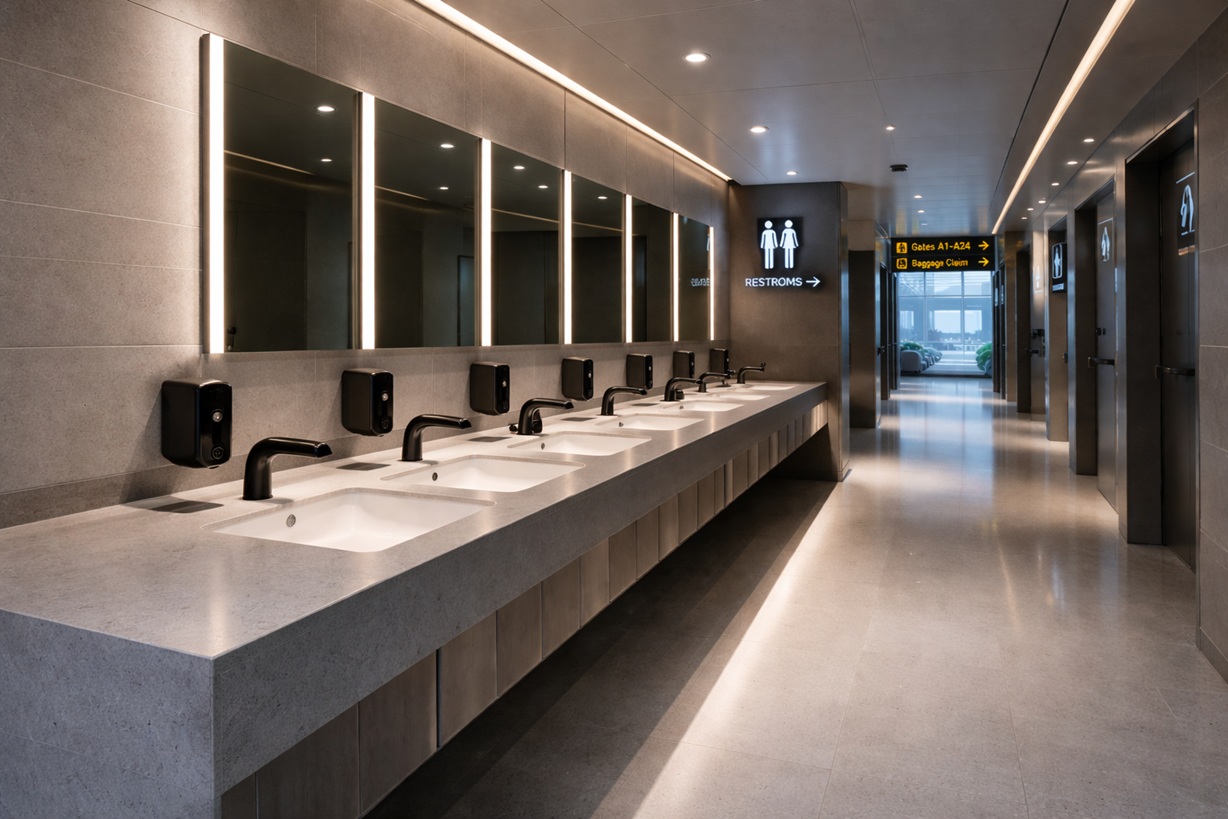 commercial sensor faucets in airport restroom design