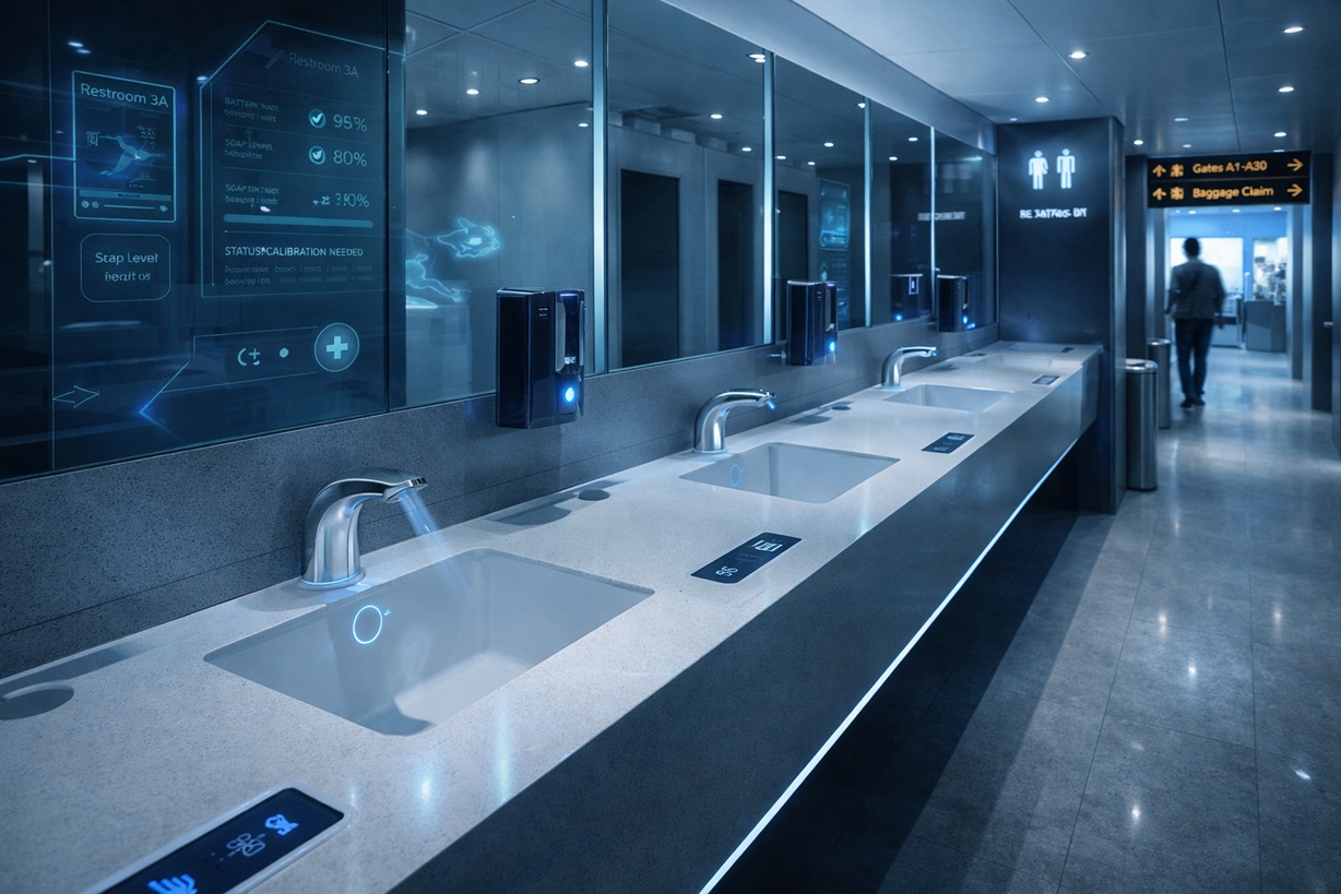 futuristic airport restroom with advanced touchless technology