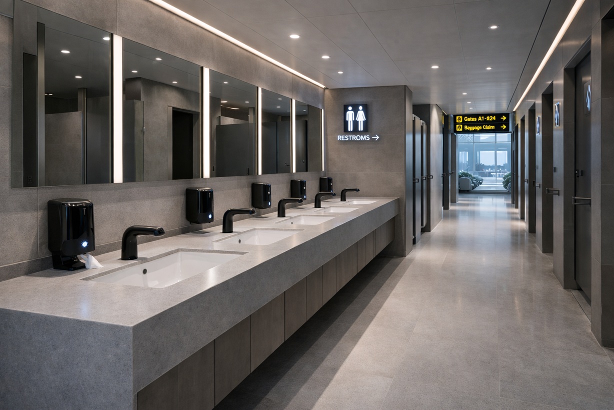 modern airport restroom layout with durable materials and touchless systems