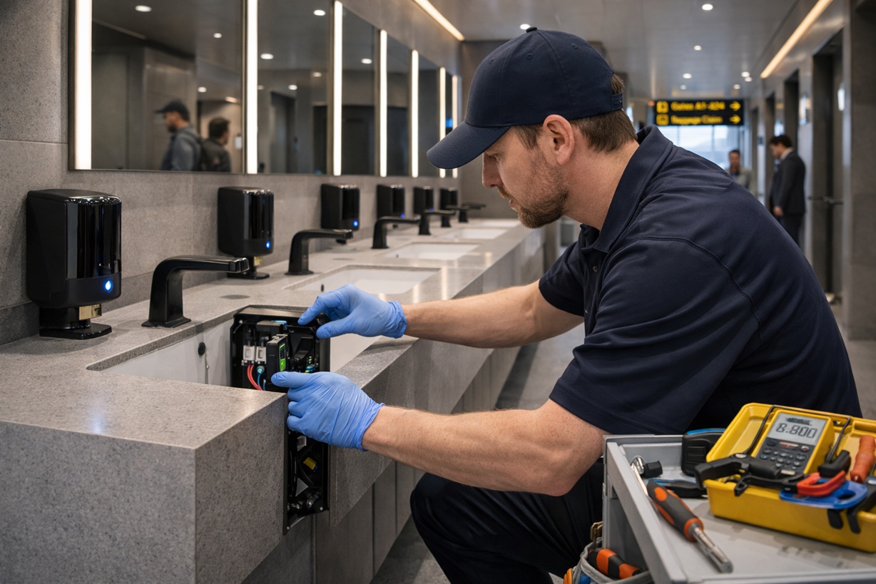 technician maintaining touchless restroom fixtures in airport