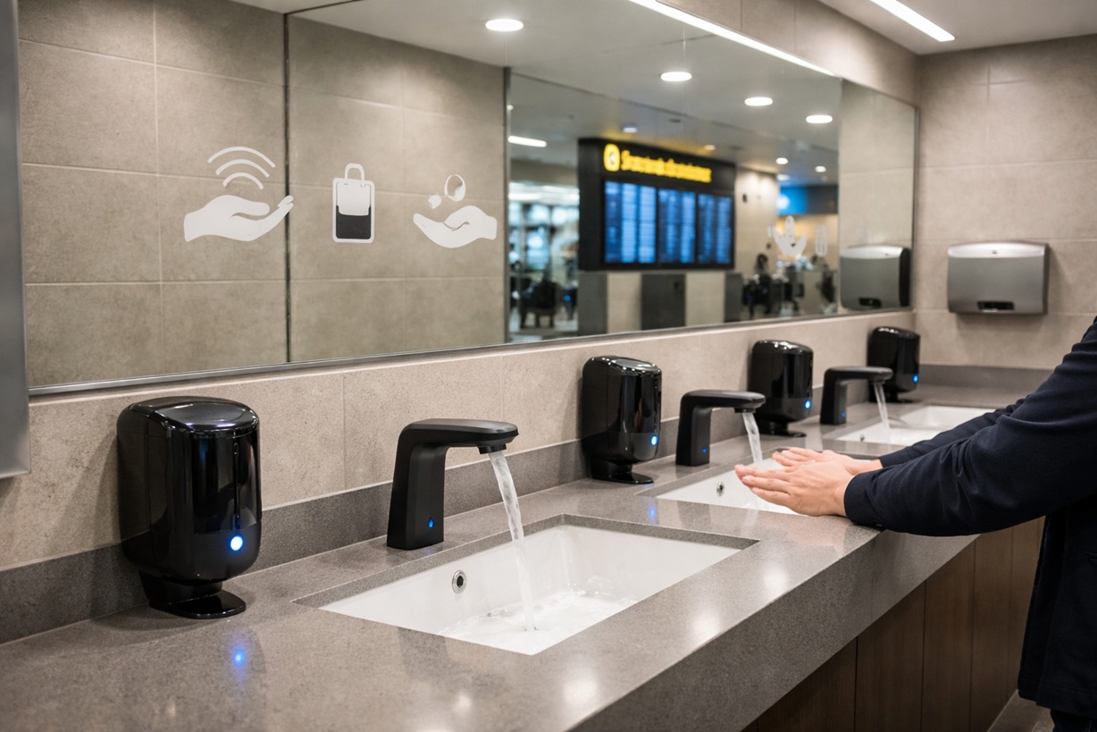 touchless airport restroom with sensor faucets and automatic soap dispensers