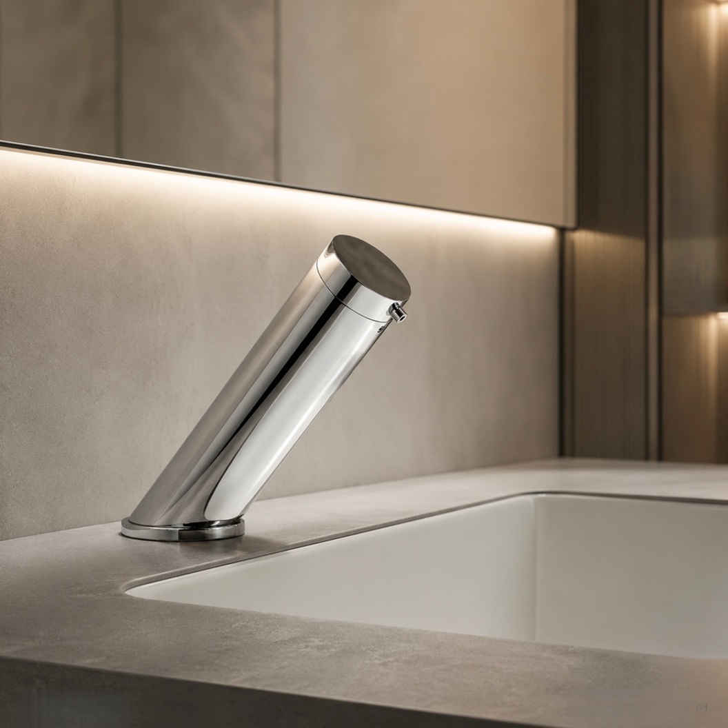 Deck-mount automatic soap dispenser frame for commercial restroom sink design and countertop fixture planning