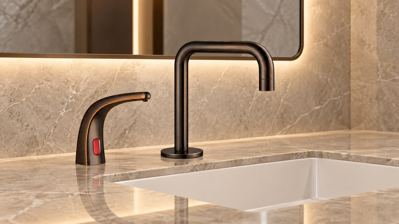 Automatic soap dispenser and touchless faucet layout for centralized multifeed restroom planning