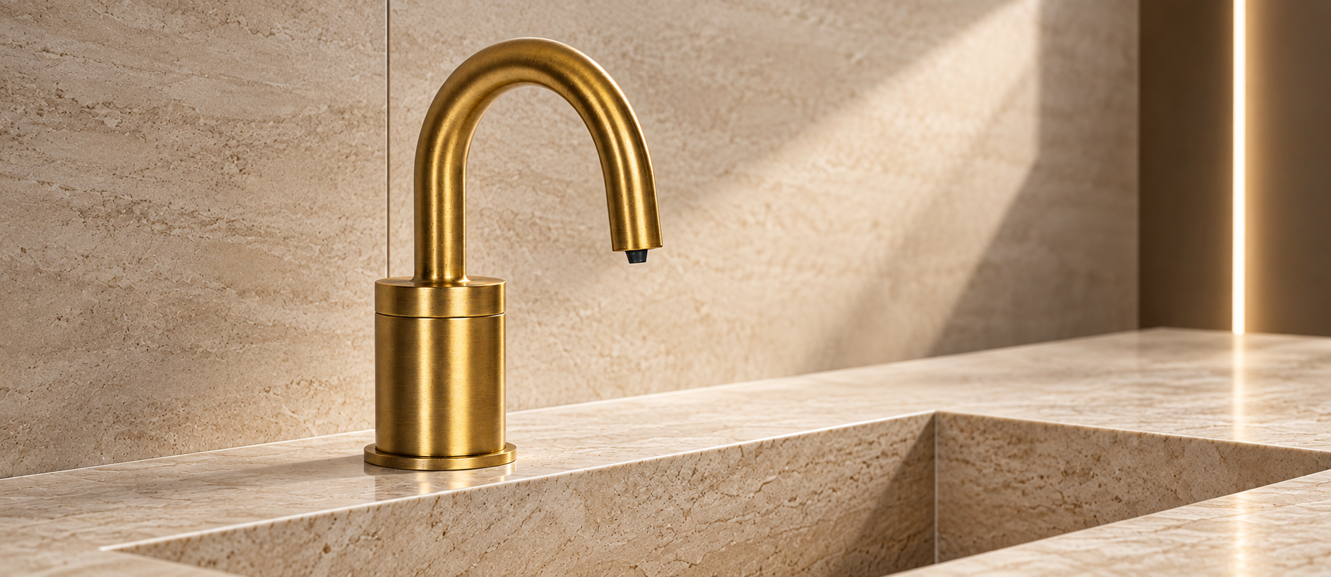 Touchless commercial soap dispenser and faucet arrangement in a modern high-traffic restroom