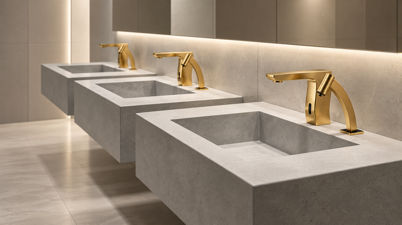 Commercial restroom sink with touchless faucet and automatic soap dispenser for hygienic handwashing