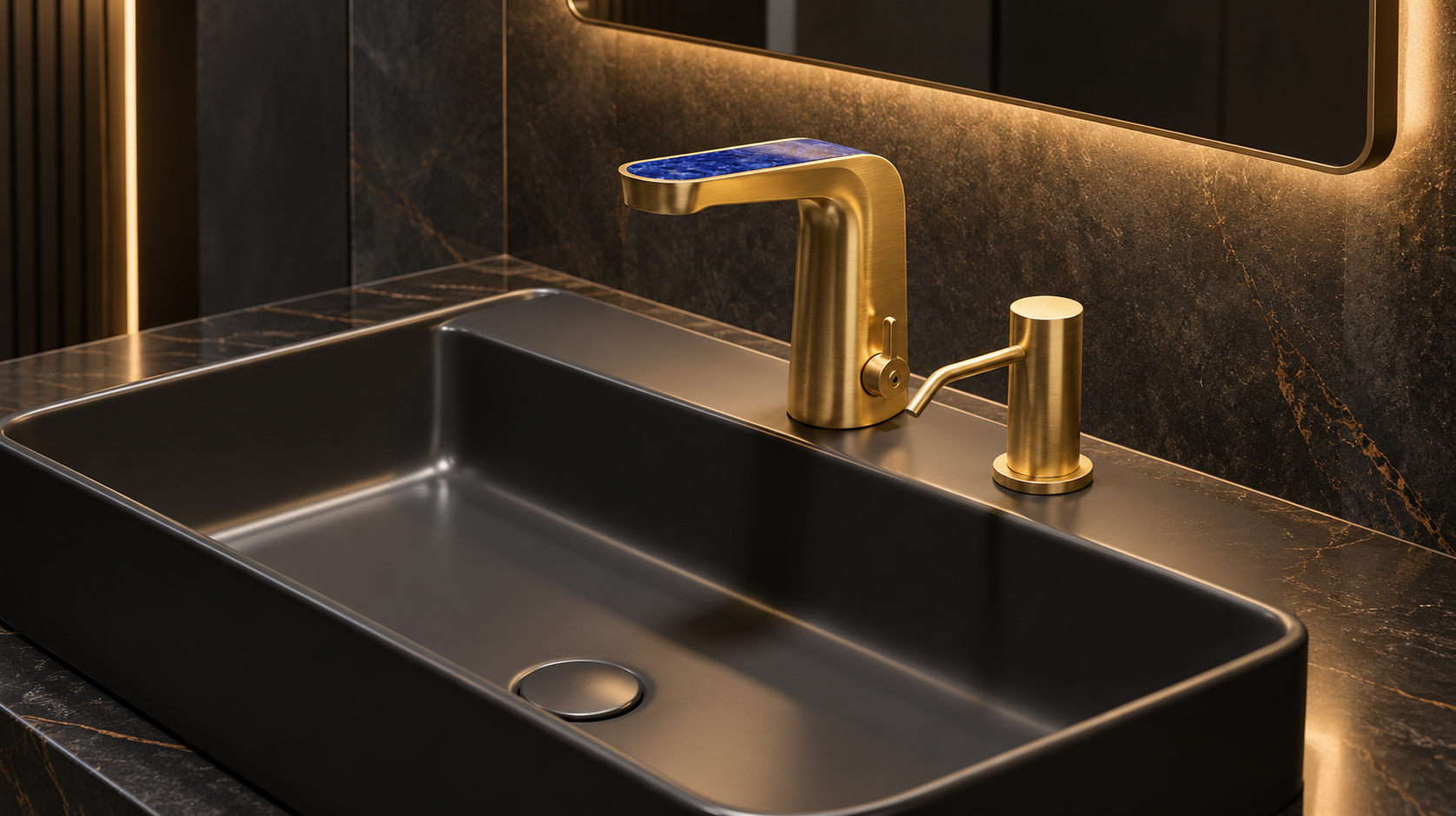 Upscale commercial lavatory bank with deck-mounted automatic soap dispensers