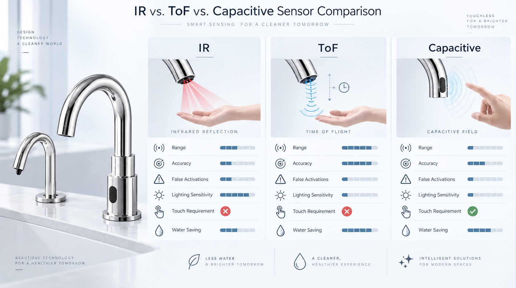 Comparison of infrared, Time-of-Flight, and capacitive soap dispenser sensor technologies for hand detection, activation control, and commercial restroom applications