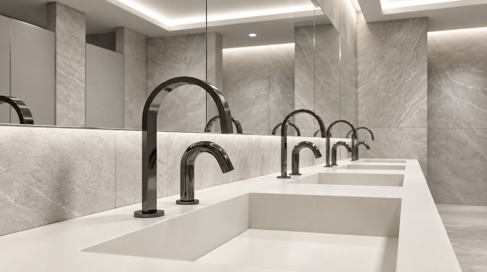 Commercial automatic soap dispenser and faucet installation coordinated for architectural specification