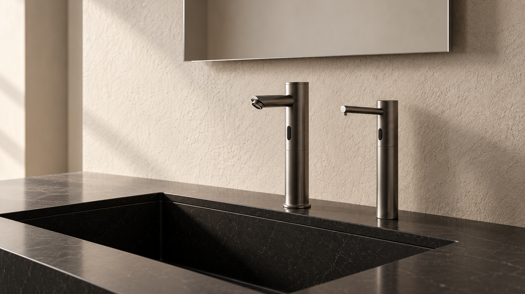 Commercial multifeed soap dispenser system serving multiple high-traffic restroom lavatories