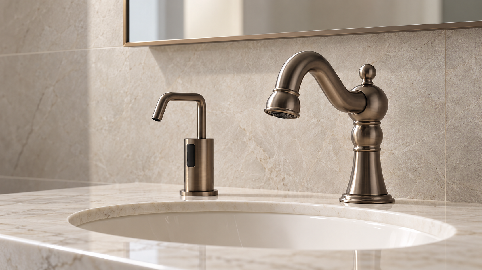 Commercial office restroom equipped with touchless soap dispensers for high-traffic handwashing