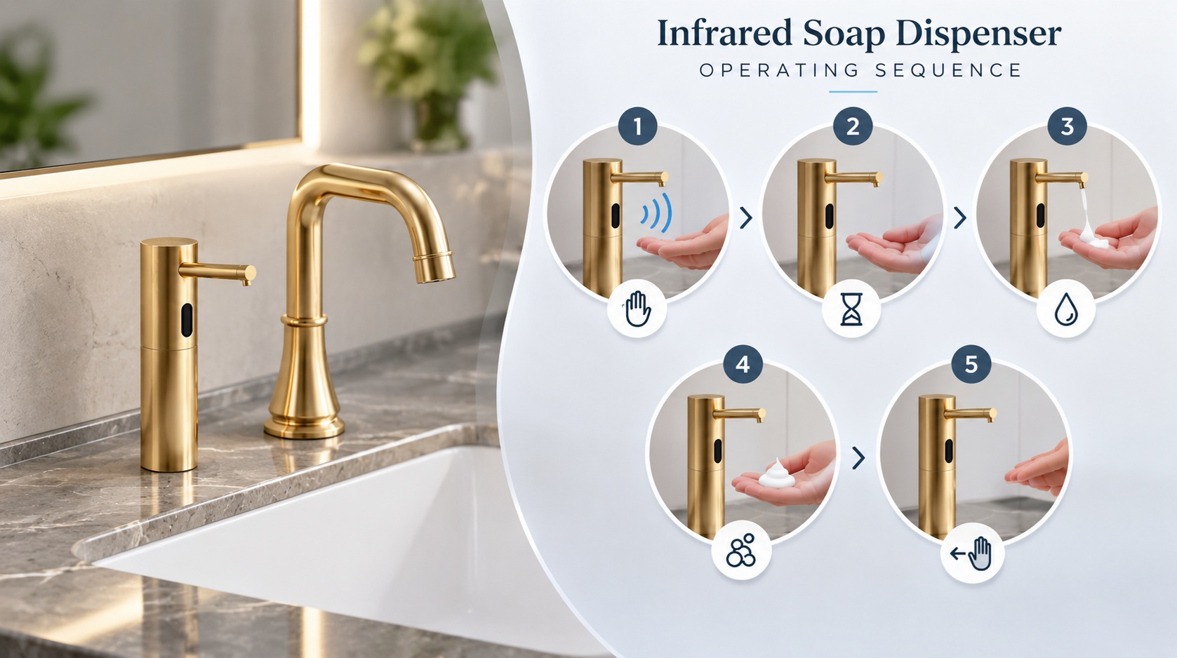 Technical diagram showing how an infrared sensor soap dispenser works through IR emission, hand reflection, signal reception, controller activation, and metered soap dispensing