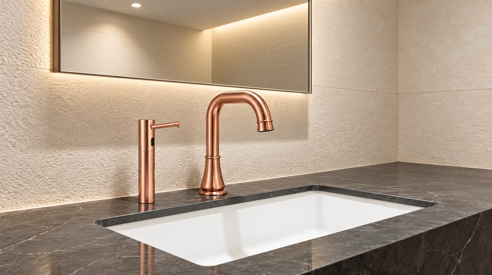 Office restroom vanity with automatic faucet and touchless soap dispenser combination