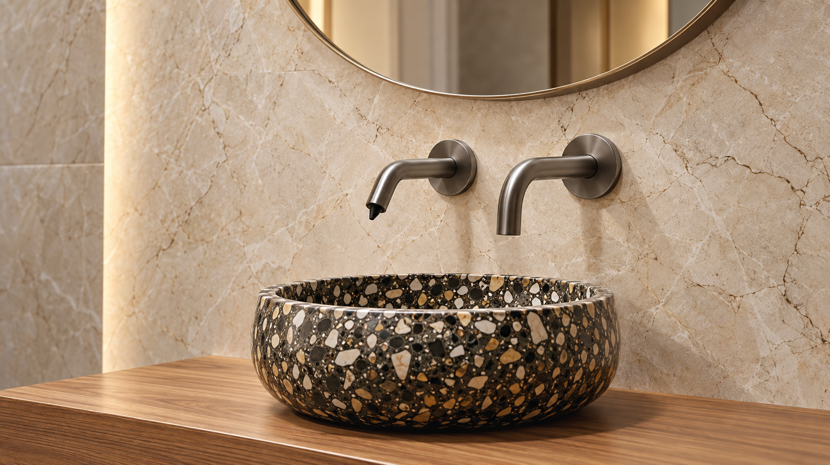 Long commercial lavatory bank with touchless faucets and automatic soap dispensers