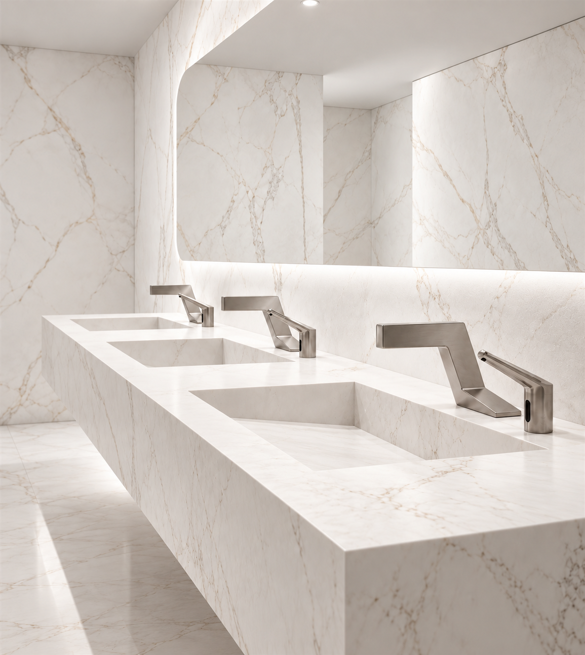 Modern commercial restroom with automatic soap dispensers and coordinated touchless faucets