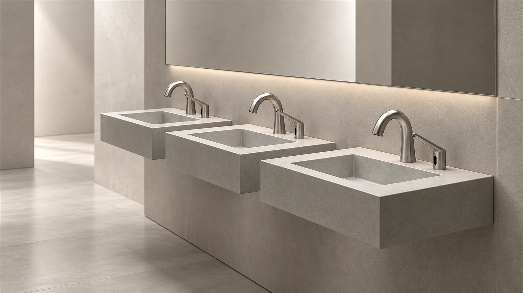 Commercial restroom with coordinated touchless faucets and automatic soap dispensers in architectural finishes