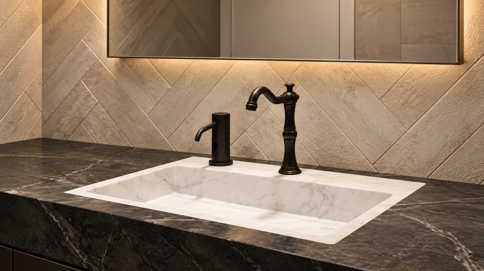 Airport transportation hub restroom with touchless faucet and automatic soap dispenser fixtures