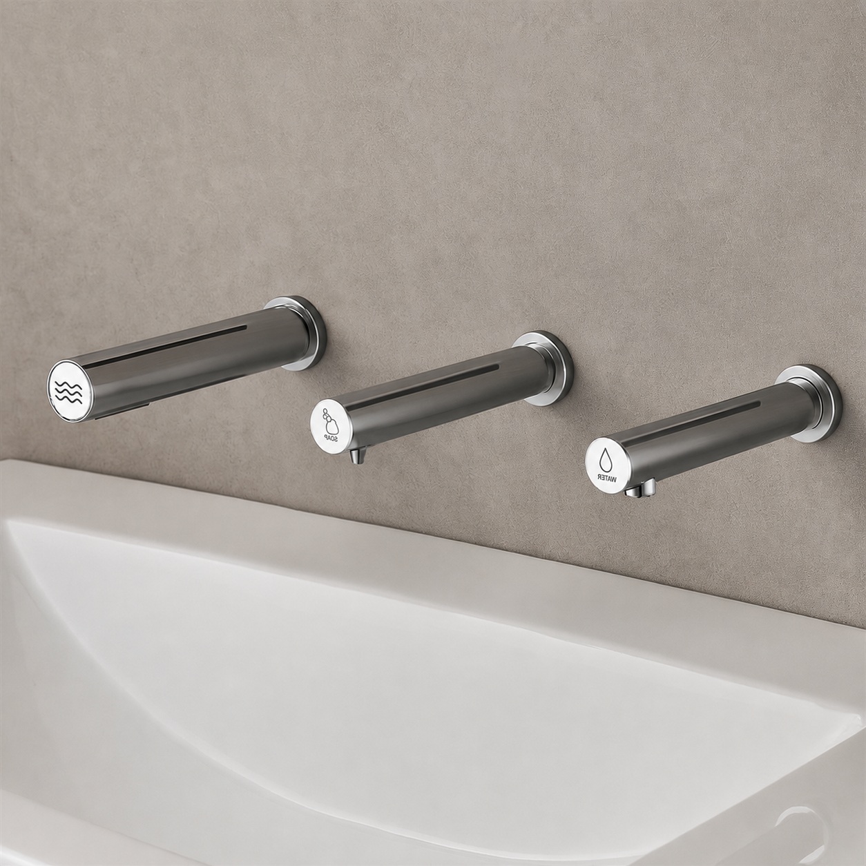 Three brushed gold wall-mounted outlets above a white basin.