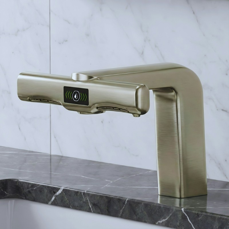 Brushed nickel dual-outlet fixture with a front-mounted sensor area.