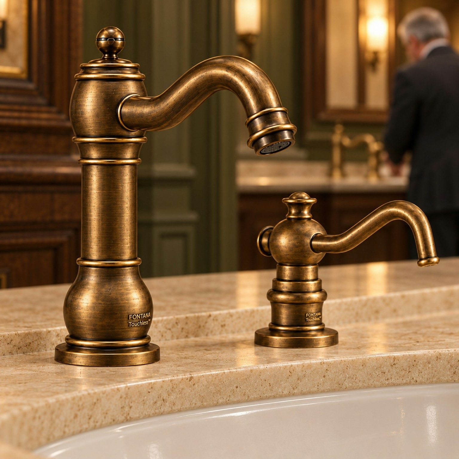 Antique brass-style gooseneck faucet and dispenser pair.