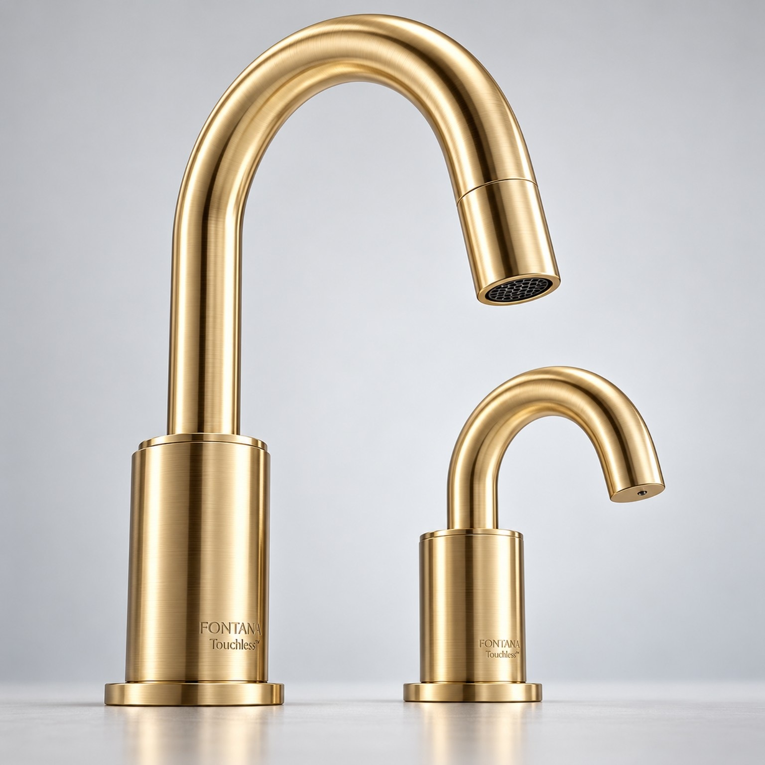Brushed gold gooseneck faucet and shorter matching dispenser.