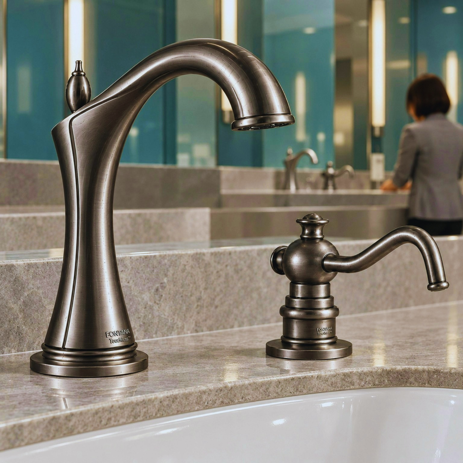 Brushed metallic traditional-style faucet and dispenser at a vanity.