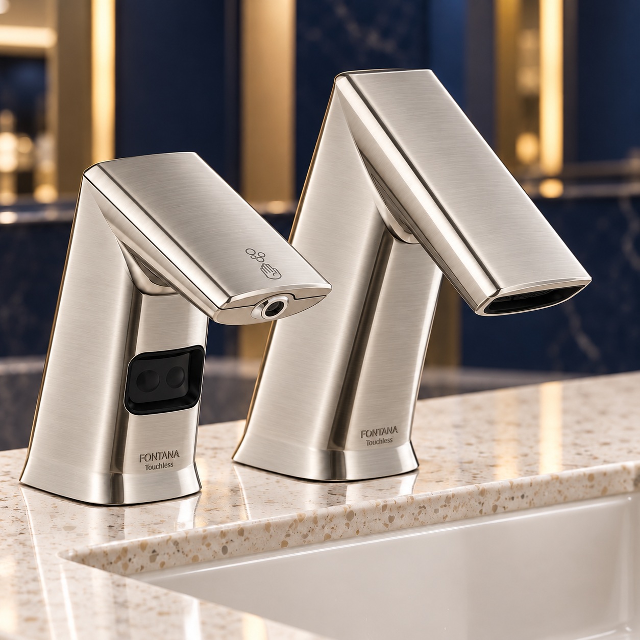 Brushed nickel angular touchless fixture pair in a hospitality vanity setting.