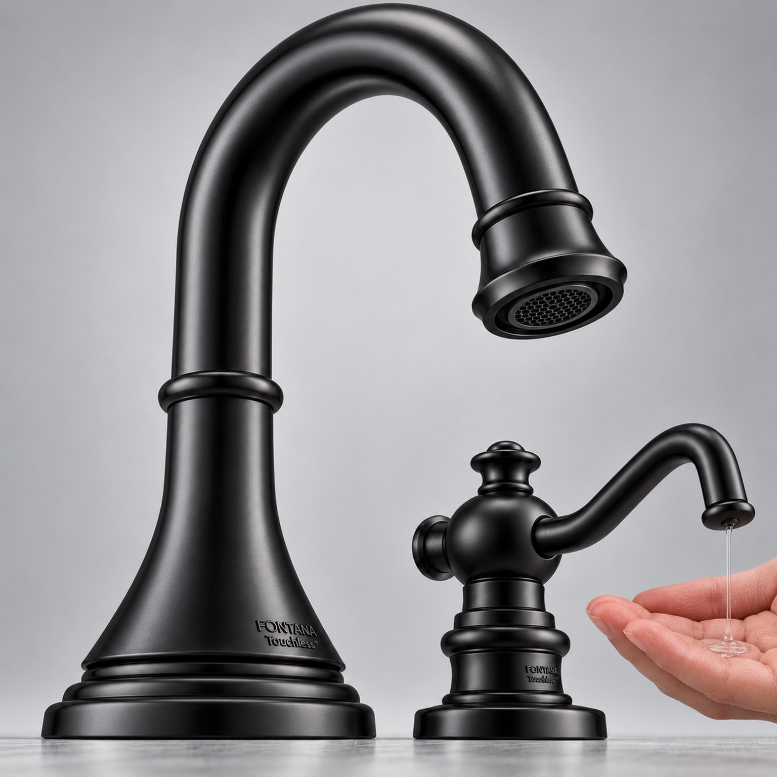 Black traditional-style faucet and manual soap dispenser in matching finishes.