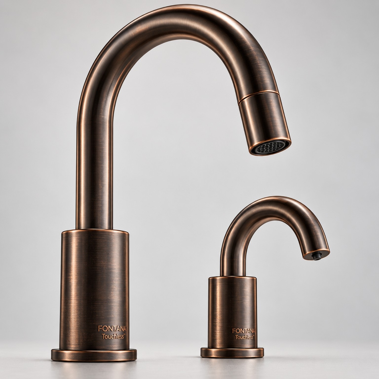 Oil-rubbed bronze-style gooseneck fixture pair with warm edge accents.